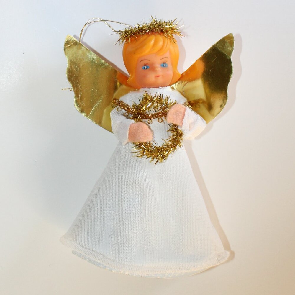 Vintage MCM Angel Cardboard Doll White Gold Tree Topper Christmas Ornament 6.5"